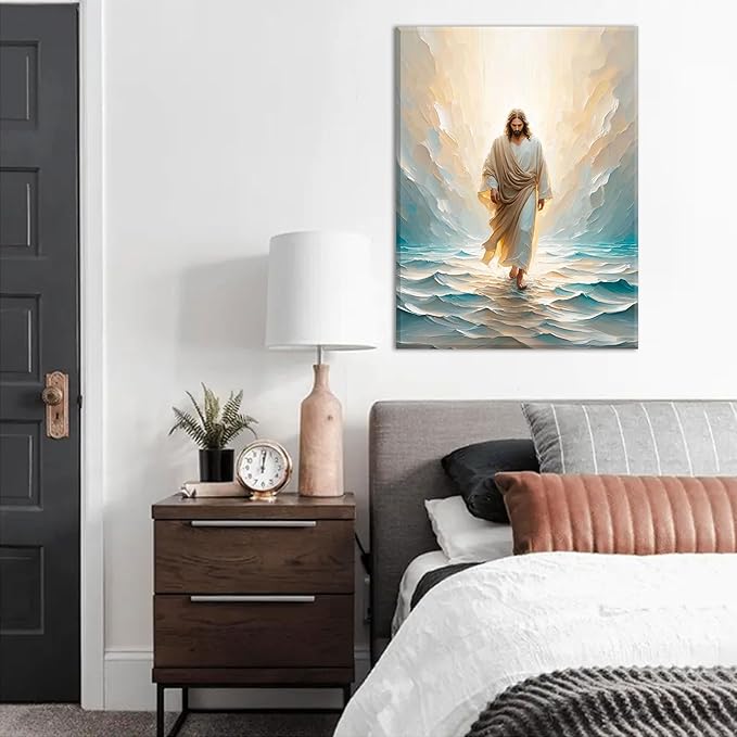 Jesus Walking On Water Canvas Wall Art Christian Bible Stories Wall Decor Picture Divine Light Modern Religious Poster Prints for Living Room Bedroom Church Home Decoration 12"x16"