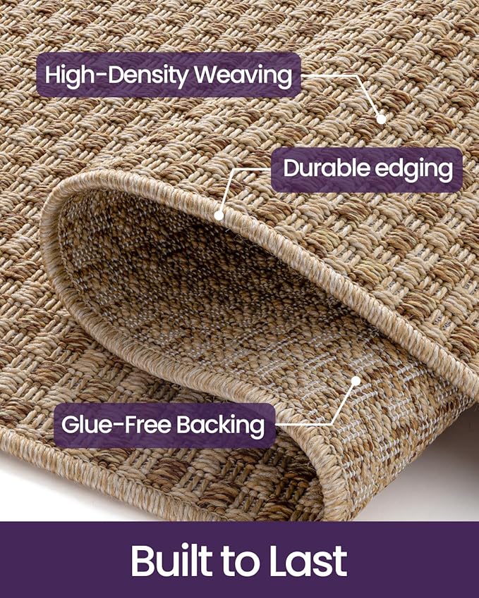 DEXI Hallway Runner Rug 3.3x6.7, Woven Braided Farmhouse Runner Carpet Indoor, Absorbent Thin Long Entryway Runners for Kitchen, Laundry Room, Patio Entrance, Checkered Beige