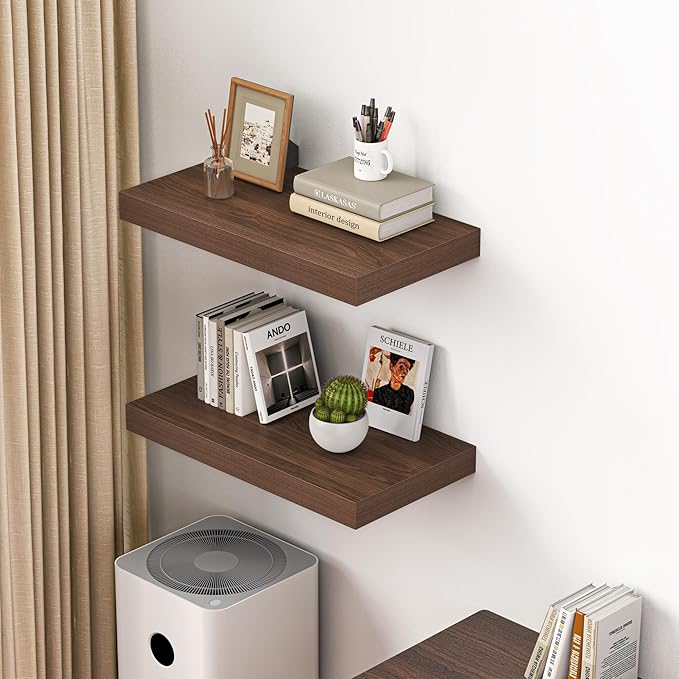 Dreamland 24" Floating Shelves for Wall, 12" Deep Thicker Walnut Floating Shelves, Wall-Mounted Shelves for Bedroom, Living Room, Kitchen, Bathroom - Set of 2