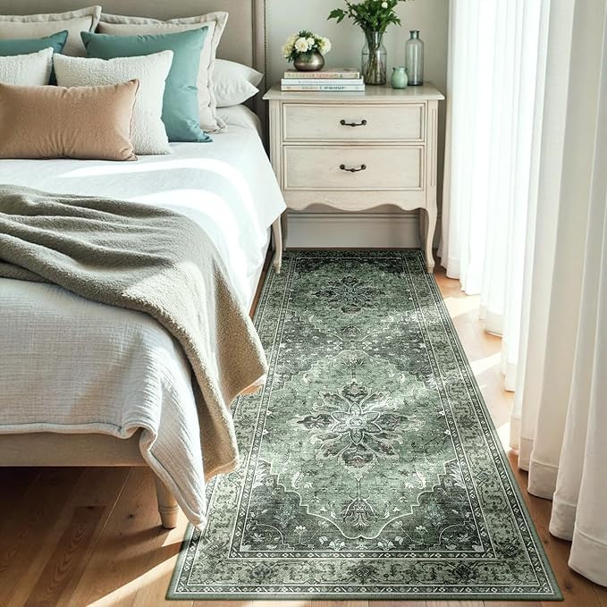 RELEANY Area Rugs 3'x8' Washable Non-Slip, Floral Vintage Distress Print Pattern Medallion Carpet for Living Room Bedroom Dining Room, Dark Green Gray