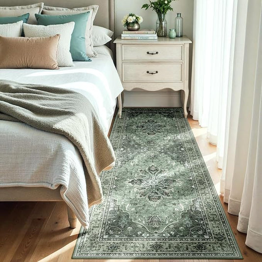 RELEANY Area Rugs 3'x8' Washable Non-Slip, Floral Vintage Distress Print Pattern Medallion Carpet for Living Room Bedroom Dining Room, Dark Green Gray
