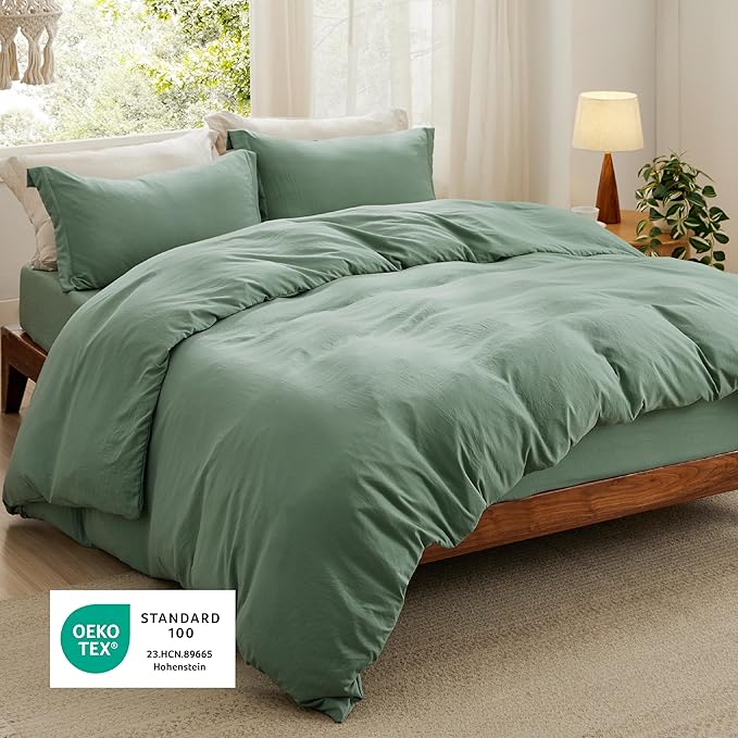 Bedsure Duvet Cover Queen Size with Fitted Sheet - 4 Pieces Prewashed Cotton-Like Extra Soft Bedding Set, Includes 1 Duvet Cover 90x90 Inches, 2 Pillow Shams, 1 Fitted Sheet, Sage Green