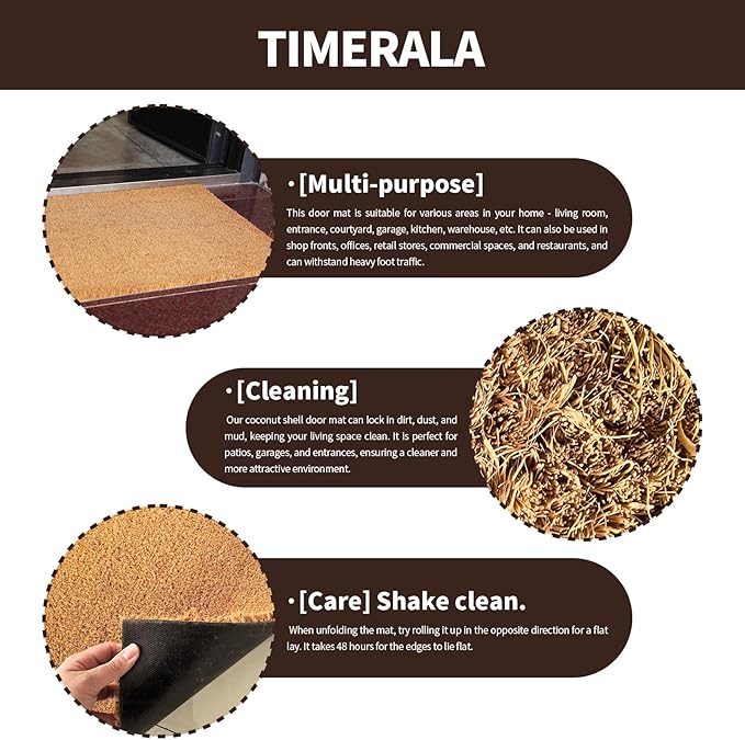 Timerala Coco Coir Door Mat with Heavy-Duty，Welcome doormats，Dirt Trapping Entry Mat，Weather Resistant,Non-Slip Outdoor Door Mats，43 * 76 cm，PVC Backing