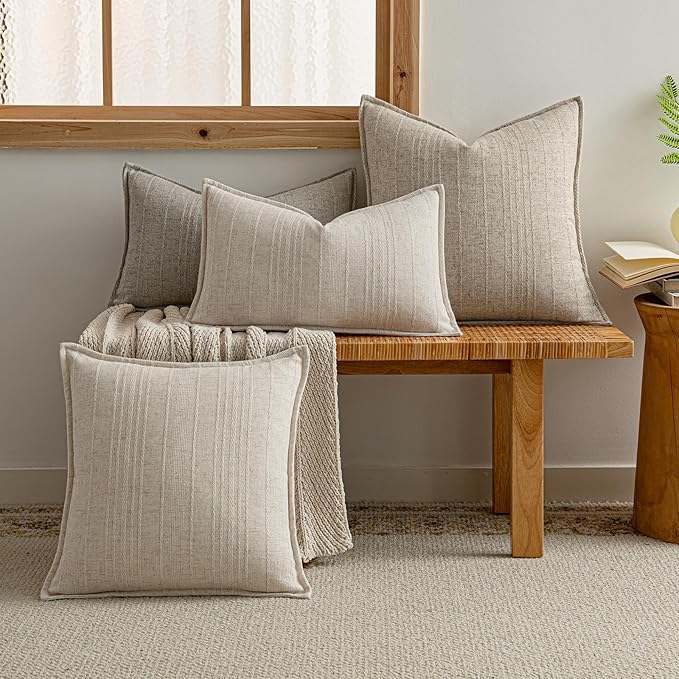 a moment Linen Pillow Covers Set of 2,Boho Farmhouse Throw Pillowcases Neutral Textured Decorative Covers for Couch Sofa Bed, Soft Linen Blend Accent Case Cushion Living Room Home Decor 20"x20"Ivory