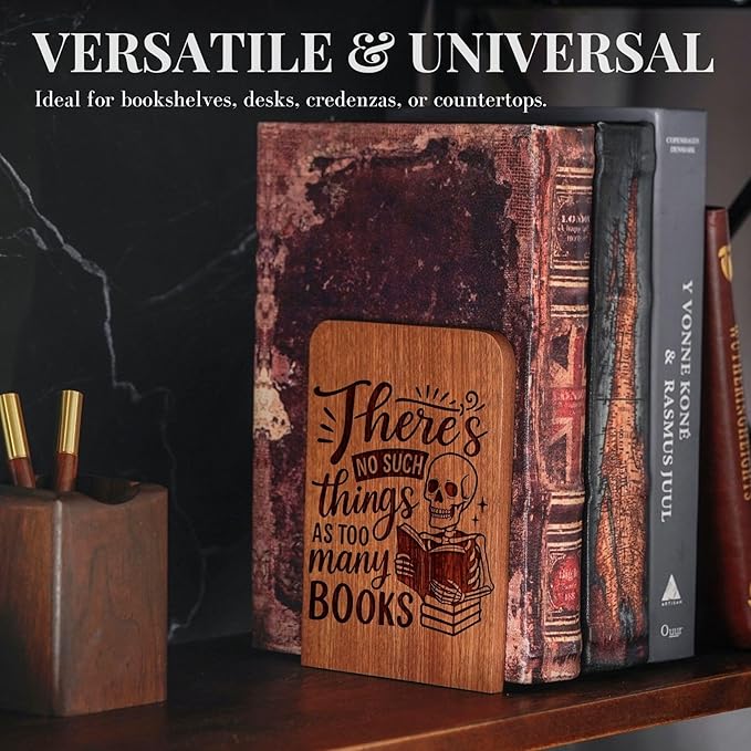 Book Lover Gifts for Women Men, Skull Bookends, Novelty Bookends Unique, Heavy Duty Wooden Book Ends for Shelves Decorative(1 Pair, 4.72x6.69 Inches) - NoSuch