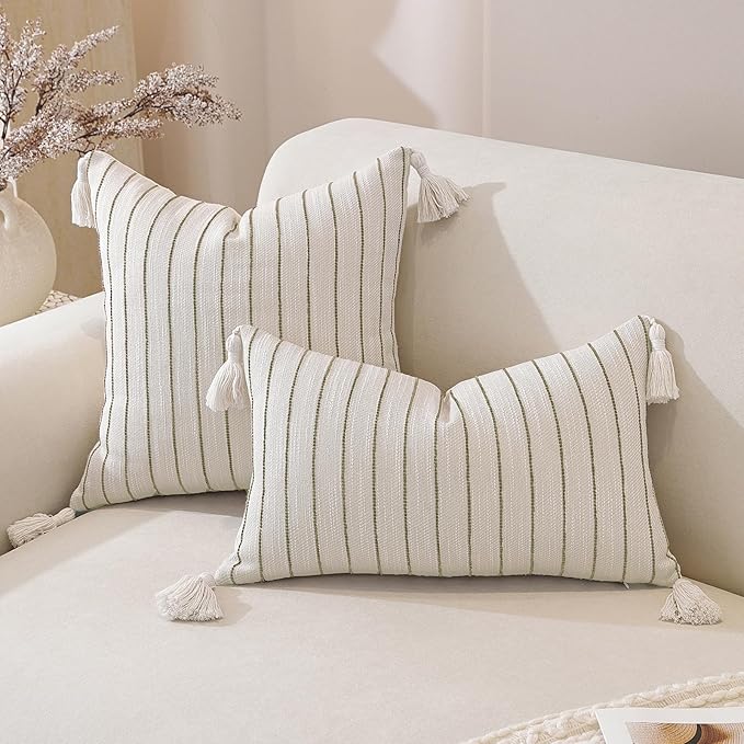 QDTTSRY Boho Throw Pillow Covers 20x20 Inch Set of 2, Textured Linen Striped Square Pillow Covers with Tassels, Soft & Cozy Farmhouse Décor Pillow Cases for Sofa Couch Bed Living Room, Green