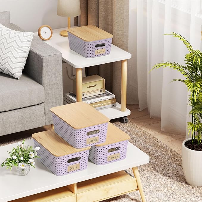 Plastic Storage Bins with Bamboo Lid - Stackable Pantry Storage Organizer with Lid - Storage Basket with Lable for Organizing: Small Storage Box for Shelves Cabinet Office Drawer Desktop 10x7x4in 6Pcs