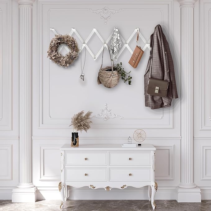 Expandable Wooden Coat Rack Hanger – Accordion Wall Mounted Pine Wood Hooks – Hand Made Vintage Expending Pegs – Hang Coat, Jacket, Hat, Leash, Towel, Mug, Bag, 17 Hook Chalk White