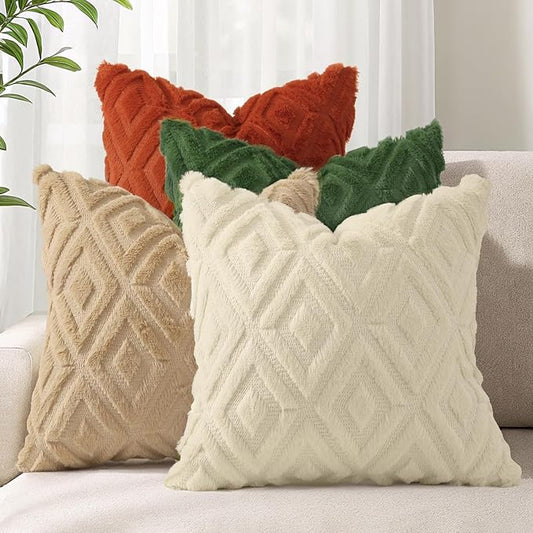decorUhome Pack of 4 Faux Fur Christmas Throw Pillow Covers 18x18, Soft Decorative Couch Pillow Covers with Velvet Back for Modern Sofa Living Room, Khaki/Rust