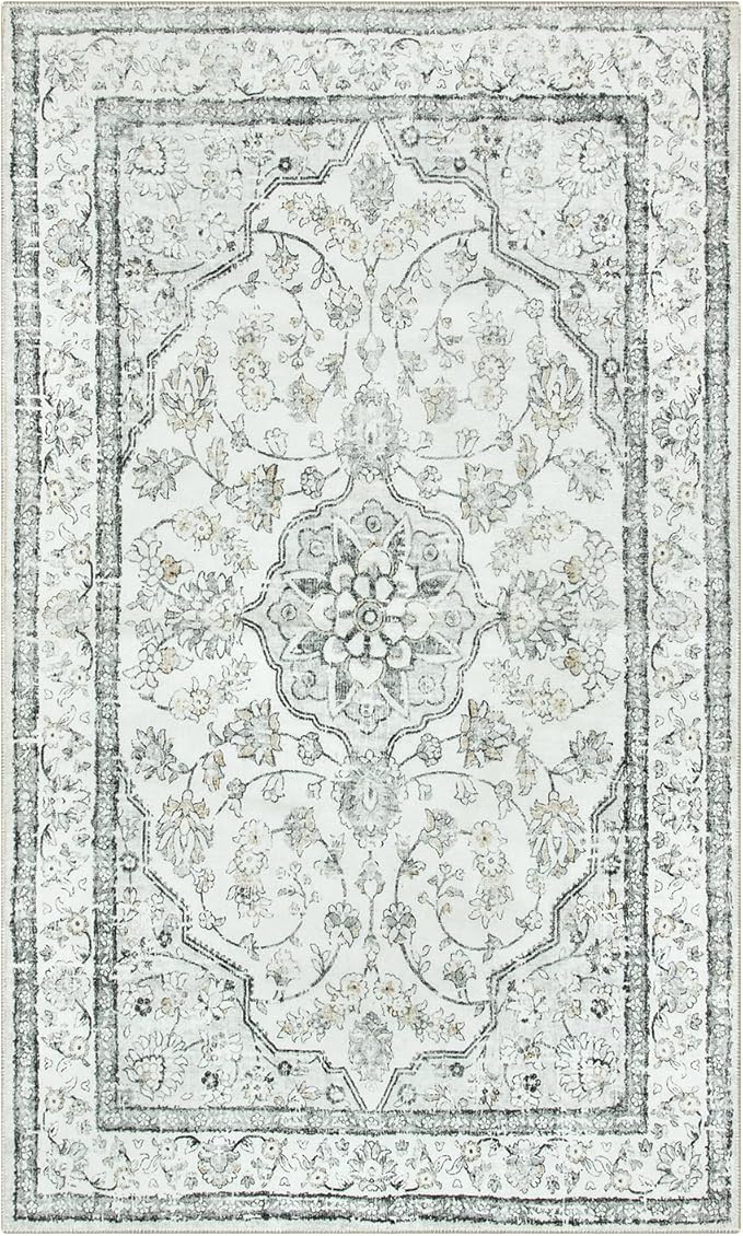 Lahome Oriental 3x5 Rug,Washable Entry Rugs for Inside House Non-Slip,Boho Grey Rugs for Living Room,Traditional Vintage Bathroom Carpet Thin Throw Rug for Bedroom Entryway Kitchen,(3x5ft,Light Gray)