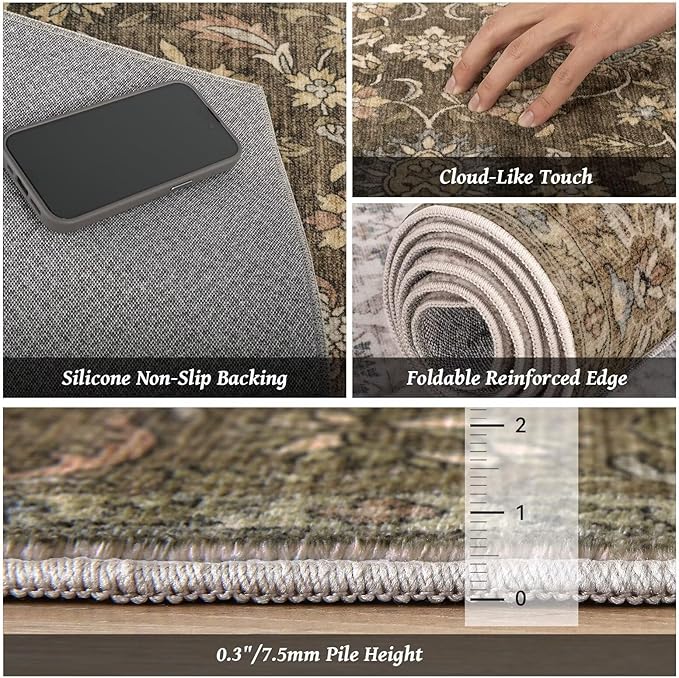 Washable 5x7 Area Rugs for Living Room, Boho Non-Slip Vintage Distress Rugs for Bedroom Dining Room Nursery Office, 0.3" Neutral Oriental Throw Thin Carpet with Cushioning Pad, Tan/Flaxen/Multi