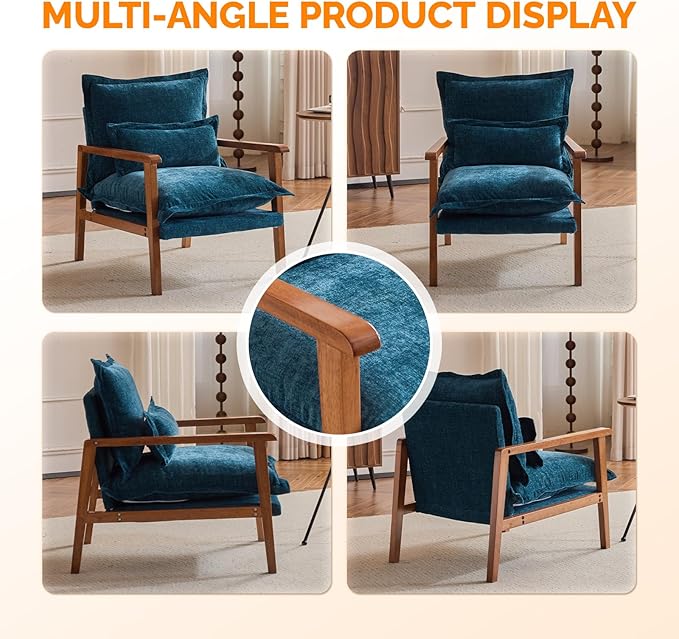 VINGLI Mid-Century Modern Cloud Accent Armchair with Lumbar Pillow, 6.3'' Thick Seat Cushion Comfortable Reading Chair with Wooden Armrests，Boho Lounge Chair for Bedroom, Living Room, Chenille, Teal