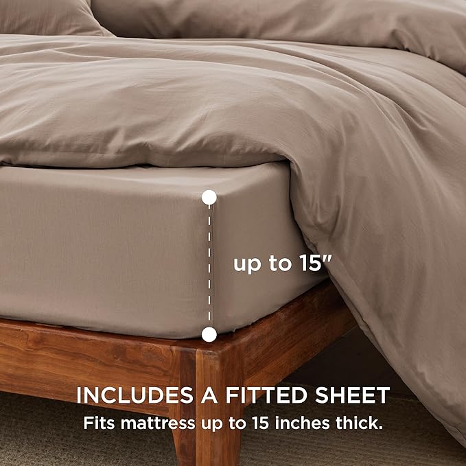 Bedsure California King Size Duvet Cover with Fitted Sheet - 4 Pieces Prewashed Cotton-Like Extra Soft Bedding Set, Includes 1 Duvet Cover 104x98 Inches, 2 Pillow Shams, 1 Fitted Sheet, Khaki
