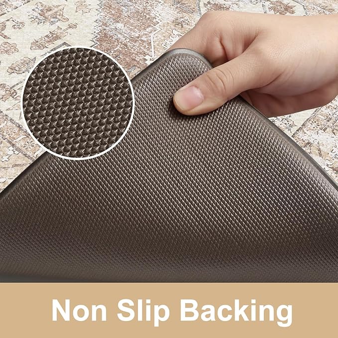 KIMODE Anti Fatigue Kitchen Mats,Boho Vintage Kitchen Rugs Sets of 2,Non Slip Waterproof Kitchen Floor Mats,Ergonomic Cushioned Comfort Standing Mat for Laundry,Office,Sink,Desk,Mutil-Khaki