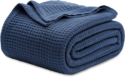 Bedsure Gentlesoft 100% Cotton Blanket King Size for Bed - Breathable and Soft for Spring Summer, Thick Cozy Waffle Weave Blanket Gifts for Women, Navy, 104x90 inches