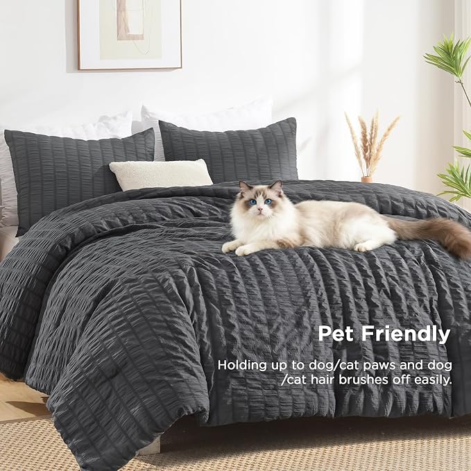 AveLom Seersucker Full Comforter Set (80x90 inches), 3 Pieces - 100% Soft Washed Microfiber Lightweight Comforter with 2 Pillowcases, All Season Down Alternative Comforter Set for Bedding, Gray