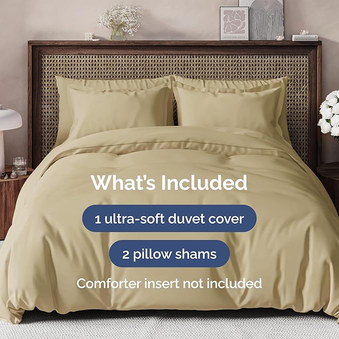CGK Unlimited Duvet Cover Cal King Size Set - Extra Soft Cal King Size Duvet Cover 104 x 98 with 2 Pillow Shams - Hotel Quality w/Zipper Closures & Ties - Bedding and Bed Linens Set (Beige)
