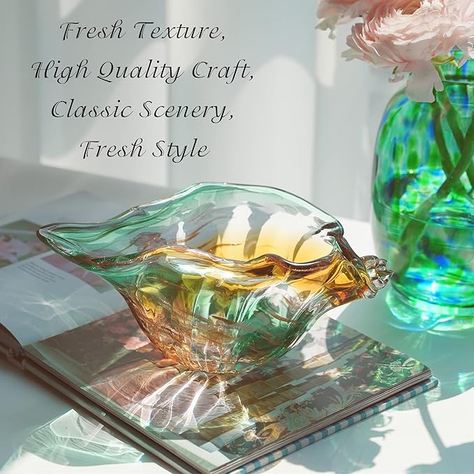 9inch Blown Glass Shell Vase,Handmade Seashell Potpourri Holder Art Glass Conch Seashell Figurine Collectibles Unique Conch Bowl for Home Decor Valentines Day Gift,Colorful