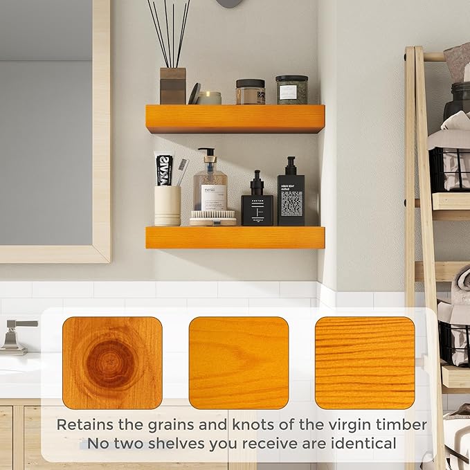 Marsmiles 30 Inch Floating Shelves | Rustic Honey Oak Wall Shelves Set of 2 | 30" W x 7.7" D x 1.6" H Wooden Shelves for Bathroom Kitchen Living Room