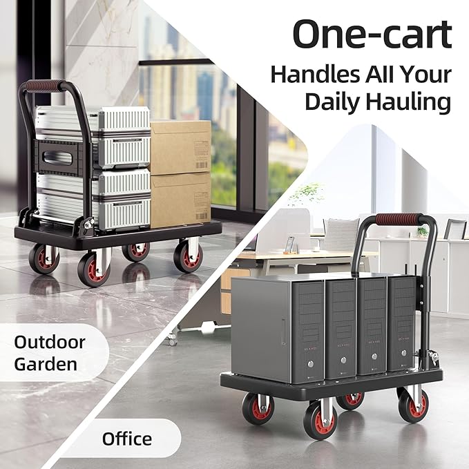 Upgraded Foldable Push Cart Dolly | 880 lbs. Capacity Moving Platform Hand Truck | Heavy Duty Space Saving Collapsible | 5‘’ TPR 360-Degree Silent Wheels | 2 Swivel Wheels and 2 Rigid Wheels