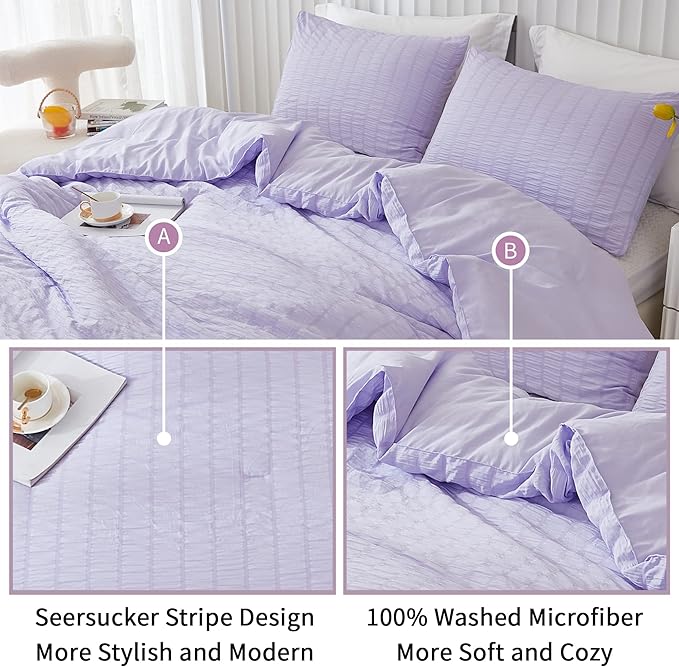 AveLom Lavender Purple Seersucker King Comforter Set(104x90 inches),3 Pieces-100% Soft Washed Microfiber Lightweight Comforter with 2 Pillowcases, All Season Down Alternative Comforter Set for Bedding