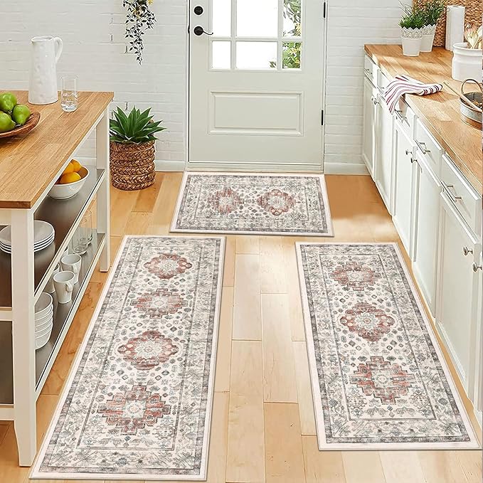 Pauwer Kitchen Rugs Sets of 3 Non Slip Washable Kitchen Mats for Floor Farmhouse Kitchen Floor Mat Runner Rug Boho Kitchen Sink Rug Carpet for Kitchen Hallway Laundry Room, Ivory