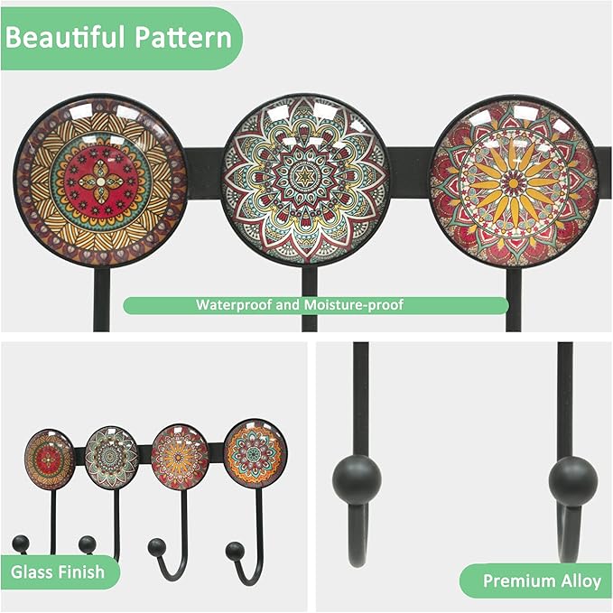 Coat Rack Wall Mounted with 4 Hooks, Round Brown Pattern Decorative Wall Hooks for Hanging Hat, Key, Towel, Purse, Bag and Robe, for Entryway Bathroom Organizer Hanger