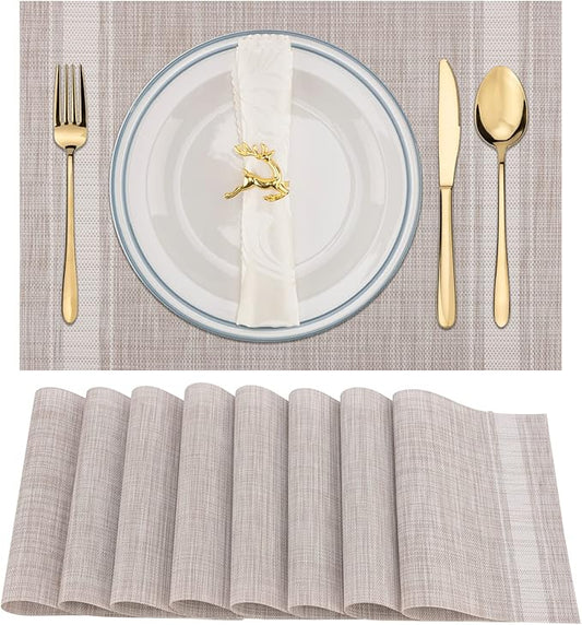 Winknowl Placemats Set of 8, Heat Resistant Non-Slip Vinyl Woven Table Mats for Dining Table, Washable Durable Elegant Place Mats for Kitchen Indoor/Outdoor Use (Beige White)