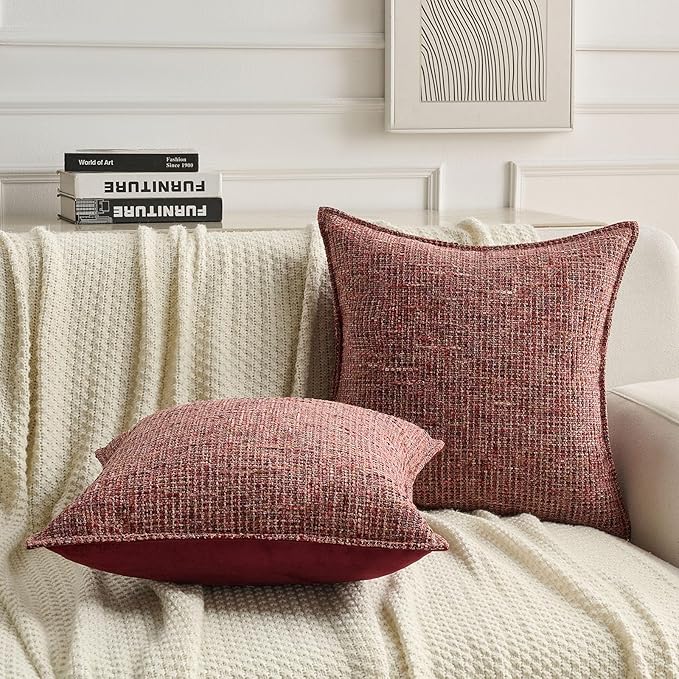 FUTEI Burgundy Decorative Throw Pillow Covers 20x20 Inch Set of 2,Soft Chenille Tweed Textured Cushion Case,Modern Home Decor for Couch Bed Living Room