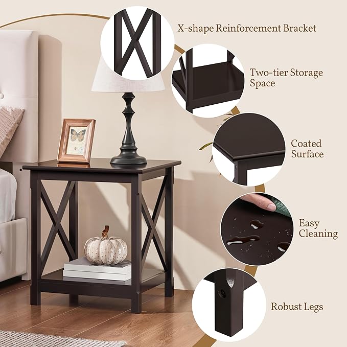 Yaheetech X Design End Table with 2-Tier Storage Shelf, Pine Wood Legs Simplistic Design Sturdy Sofa Side Table with Storage for Living Room Small Space, Dark Coffee