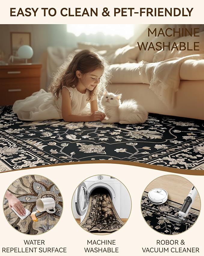 RELEANY Area Rugs 2'x6' Washable Non-Slip, Floral Vintage Distress Print Pattern Medallion Carpet for Living Room Bedroom Dining Room, Black Brown Neutral Dark Tan