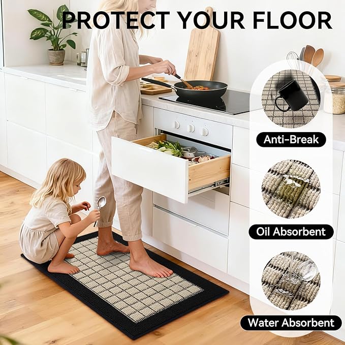 Kitchen Mats for Floor 17"x47", Non-Slip Washable Kitchen Rugs, Absorbent and Stain Resistant Kitchen Rug, Durable Comfortable Rugs for Kitchen, Hallway, Laundry & Sink, Black
