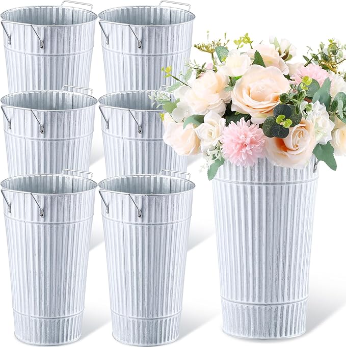 Layhit 6 Pcs 12 Inch Galvanized Flower Buckets Metal Flower Vases with Handle Farmhouse French Bucket Planter Floral Container for Flowers Wedding Bridal Shower Home Table Decor(Retro White)