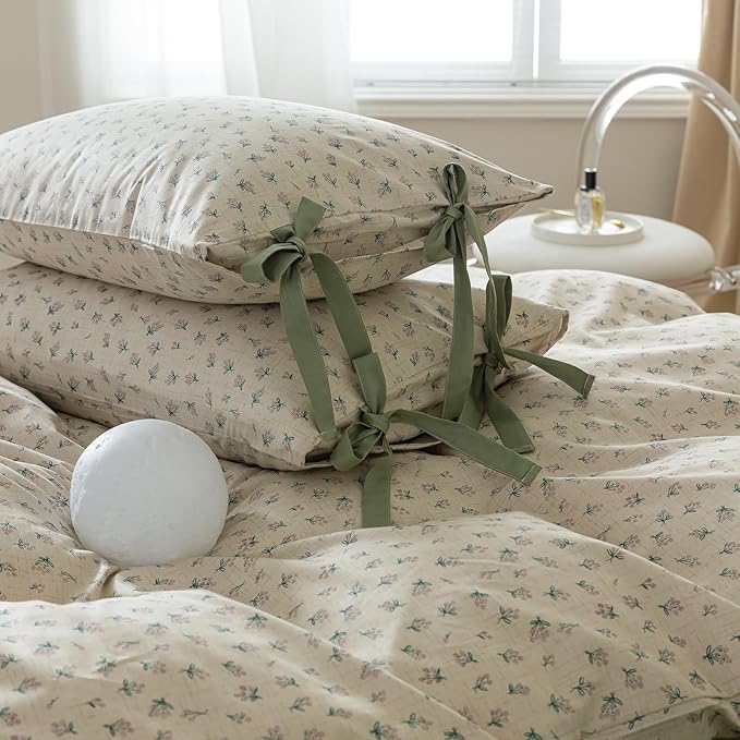 Vintage Style Cotton Duvet Cover Twin 3 Pieces Green Floral Print Duvet Cover Chic Botanical Flower Bedding Sets Cottagecore Floral Comforter Cover Boho Floral Bedding Cover with 2 Bowknot Pillowcases
