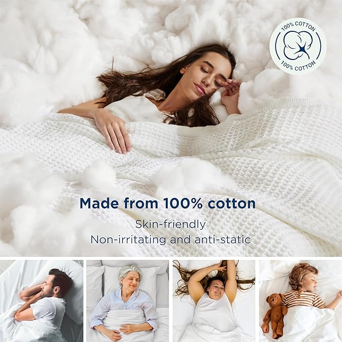 Bedsure Gentlesoft 100% Cotton Blanket King Size for Bed - Breathable and Soft for Spring Summer, Thick Cozy Waffle Weave Blanket Gifts for Women, White, 104x90 inches
