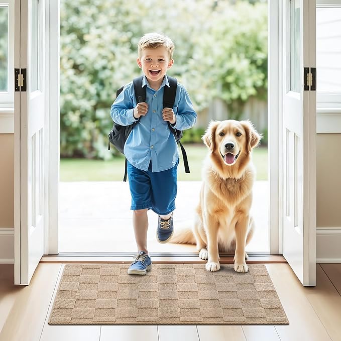 GRANNY SAYS Front Door Mat Outside Entrance, Door Mats for Entryway, Welcome Matt Non-Slip, Large Front Porch Mat Low Profile Resist Dirt, 48"x32", Khaki Check