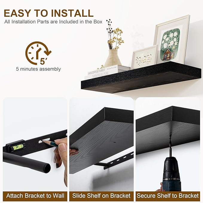 Fun Memories 55 Inch Fireplace Mantel Shelf -Long Floating Shelf, Wall Mounted Farmhouse Display Shelf with Invisible Heavy Duty Metal Bracket, Black