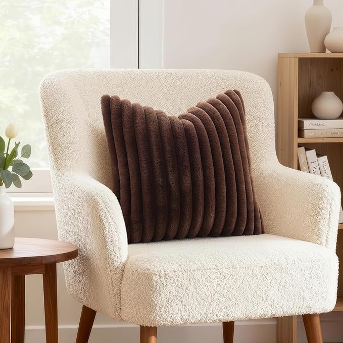 decorUhome Faux Fur Throw Pillow Covers 26x26 Set of 2, Decorative Soft Plush Striped Neutral Couch Euro Pillow Covers with Velvet Back for Sofa, Bed, Living Room Home Decor, Dark Brown