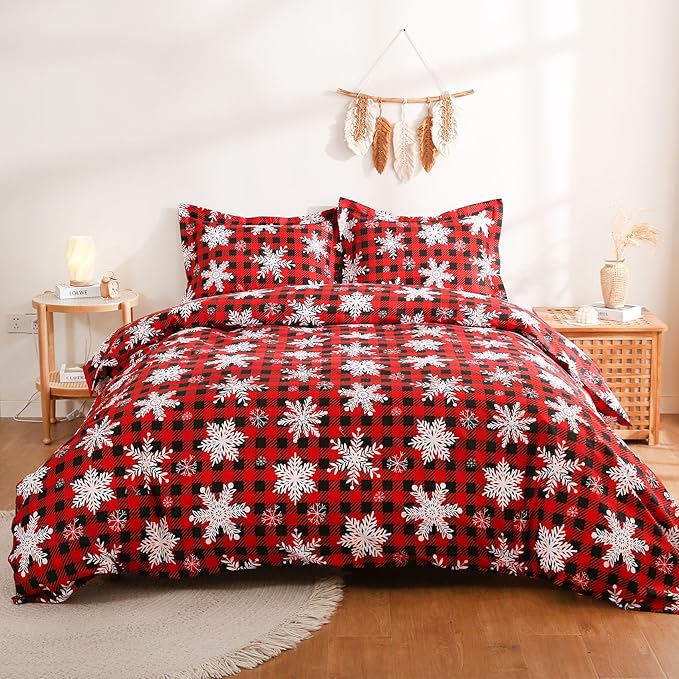 JSD Red Buffalo Plaid Snowflakes Duvet Cover Set Full Size, 3 Piece Christmas Winter Printed Microfiber Duvet Comforter Covers