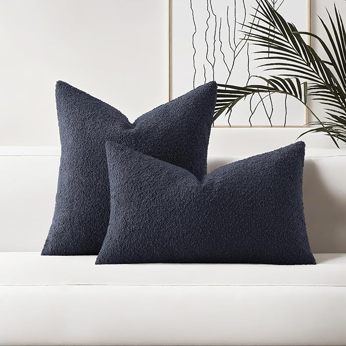 HAUSSY Set of 2 18x18 Decorative Throw Pillow Covers, Soft Cozy Textured Boucle Couch Cases, Home Decor for Couch Bed Living Room, Navy Blue