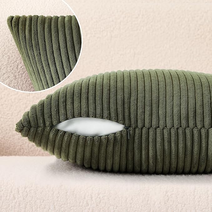 Mecatny Corduroy Decorative Throw Pillow Covers 24x24 Set of 2 for Sofa Living Room, Soft Neutral Boho Couch Pillow Covers for Home Decor, Olive Green