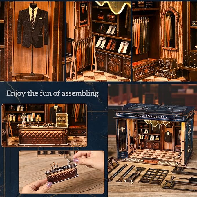 DIY Book Nook Kit - DIY Miniature Dollhouse Kit 3D Wooden Puzzles Gentleman's Clothing Store, Tiny House Bookshelf Decor with LED, Gift for Adults Teens - Golden Section Line
