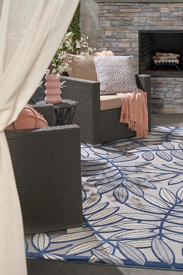 Nourison Home Aloha Ivory/Navy 5'3" x 7'5" Area Rug - Easy Clean, Non Shedding, Bed Room, Living Room, Dining Room, Kitchen (5' x 8')