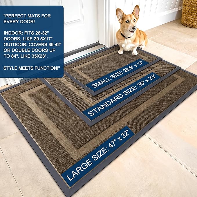 OLANLY Front Door Mat Indoor Outdoor Entrance, Waterproof All-Season, All-Weather Doormat, Sturdy Natural Rubber, Fade Resistant, Low Profile, Easy Clean Patio Porch Entryway Mat, 29.5x17, Brown
