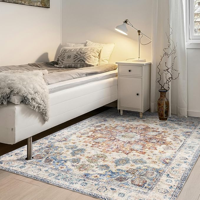 Domitapis Area Rug 3×5, Vintage Boho Rug,Ultra-Soft Low Pile, Washable, Non Slip,Stain Resistant Printed Carpet for Living Room Bedrooms Playroom Office Kitchen, Blue/Red