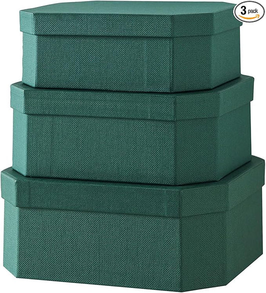 Soul & Lane Octagon Textured Decorative Boxes for Organizing, Set of 3 Nesting Cardboard Storage Containers for Gifts, Durable Memory Boxes for Keepsakes, Forest Green