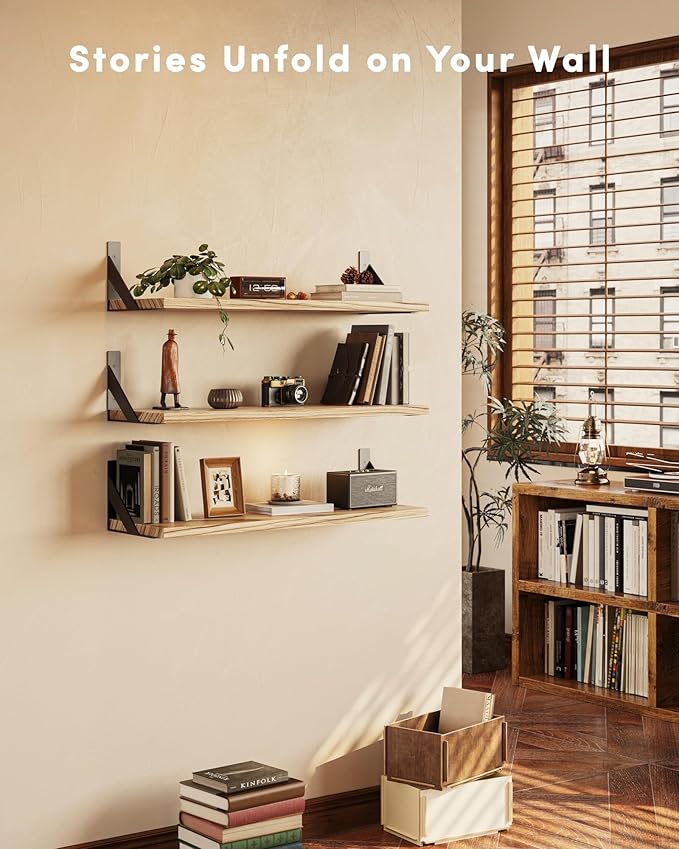 Floating Shelves for Wall, Wall Mount Book Shelf, Hanging Shelves, Wall Bookshelf for Bedroom, Office, Living Room (Light Brown, 17 Inches)