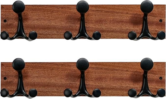 SKOLOO 17-Inch Wood Coat Rack Wall Mount with 3 Triple Hooks - Ideal for Family Entrances, Classrooms, and Pet Supplies Storage - Perfect Coat Hooks for Wall,Mahogany (Sapele), Pack of 2
