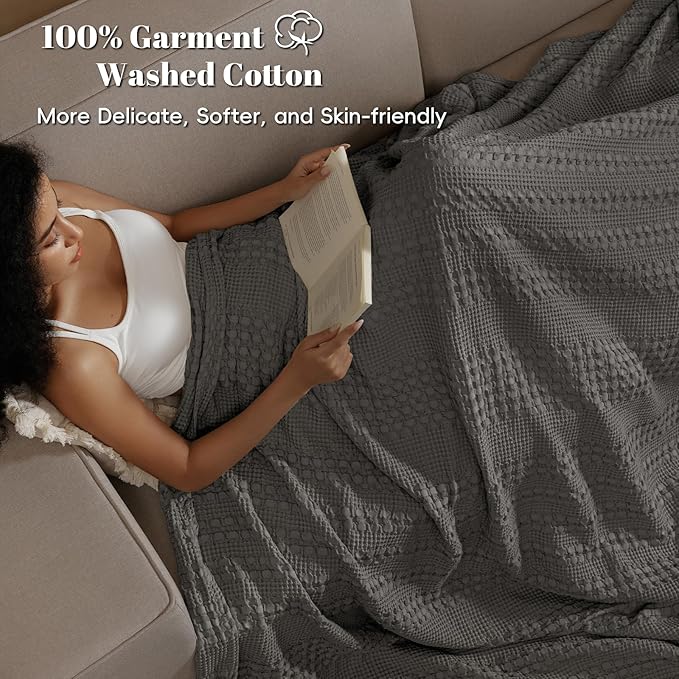 PHF 100% Cotton Waffle Weave Blanket King Size for Bed, Soft Lightweight & Breathable, All-Season Comfort, 300 GSM Luxury Aesthetic Blanket for Home Decor, 108"x90", Charcoal Grey