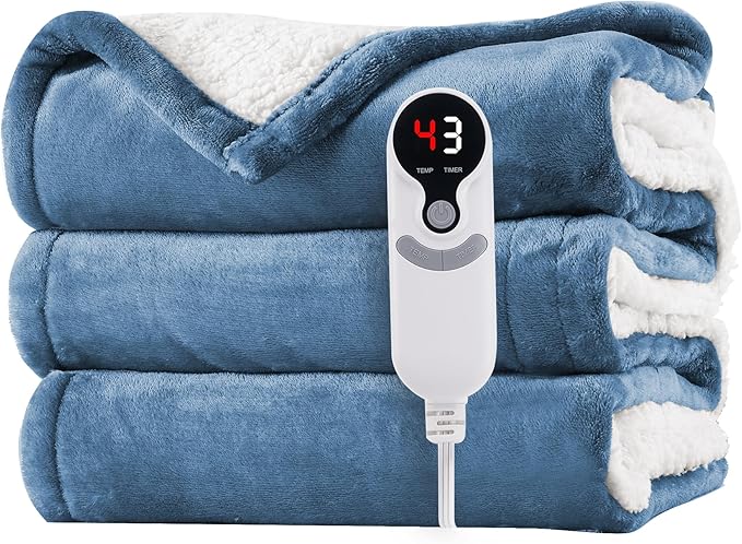 Electric Heated Blanket Twin Size 62"x84" - Microplush & Sherpa Fabric Dual-Sided, 6 Heat Settings & 1-10 Hours Auto Off , Cozy Warming Throw for Home, Office, or Bed, Machine Washable，Slate Blue